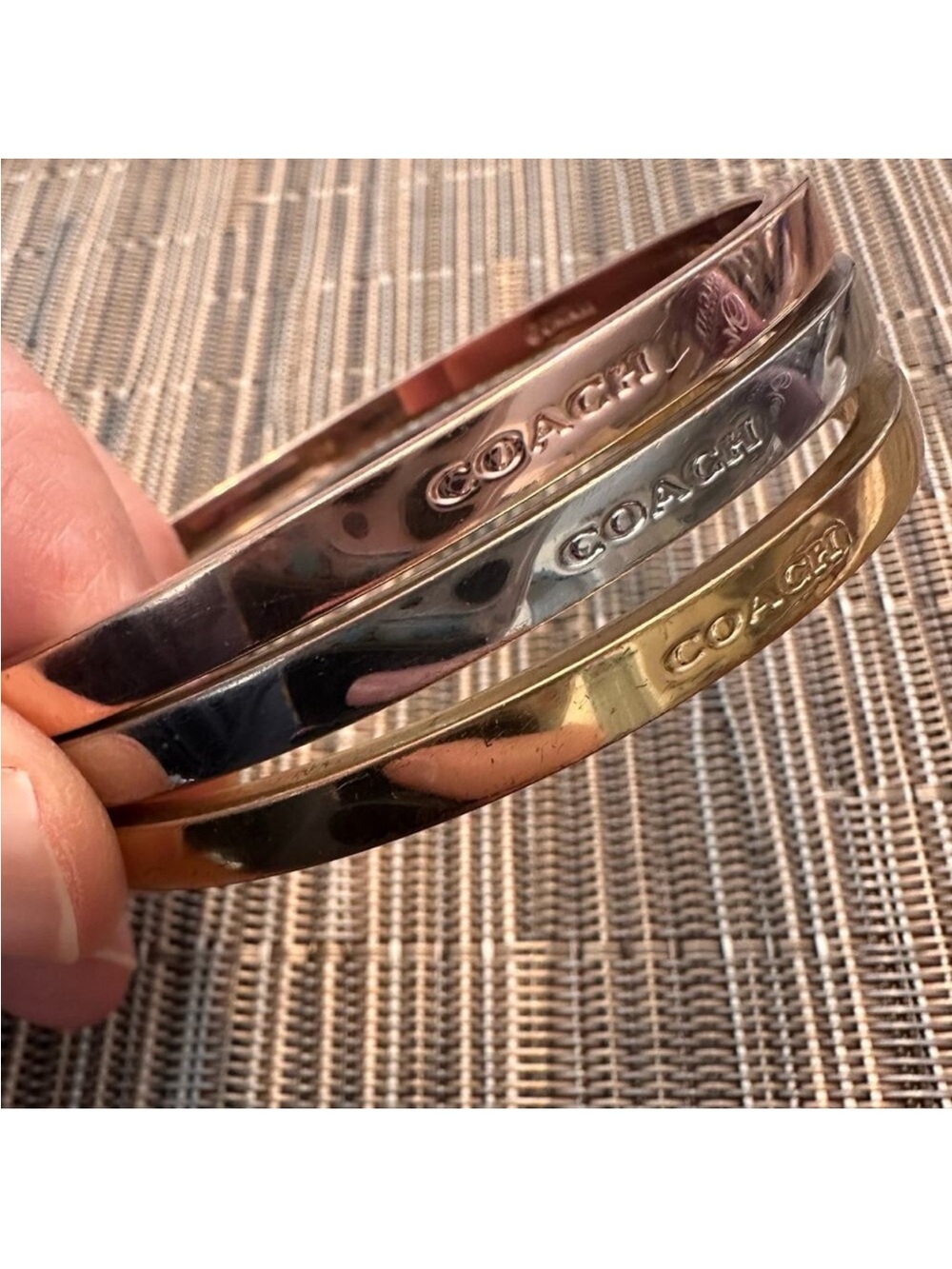 COACH signature set of 3 bangle bracelets - Silver, gold, and rose gold